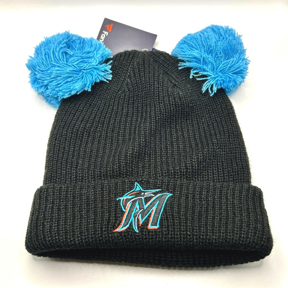 Miami Marlins Fanatics Beanie OSFM Black Double Pom Pom MLB Knit Cap Baseball